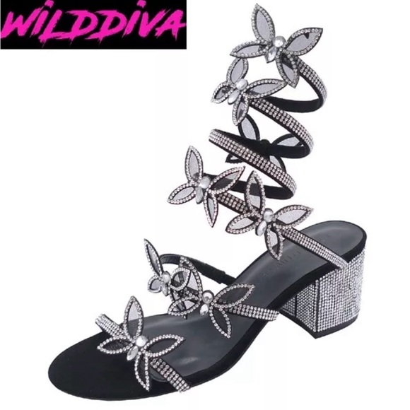 Rhinestone & Black Butterfly Design Heels Coil Spiral Ankle Wrap Shoe New Size 7 - Picture 2 of 3